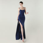 Elegant navy blue satin slip dress with high slit, langry fashion ملابس