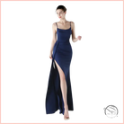 Elegant navy blue satin slip dress with high slit, langry fashion ملابس