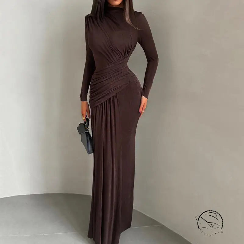 Brown slim fit winter pleated maxi dress with ruched high neckline