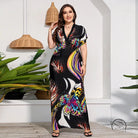 Colorful butterfly print holiday beach dress on model