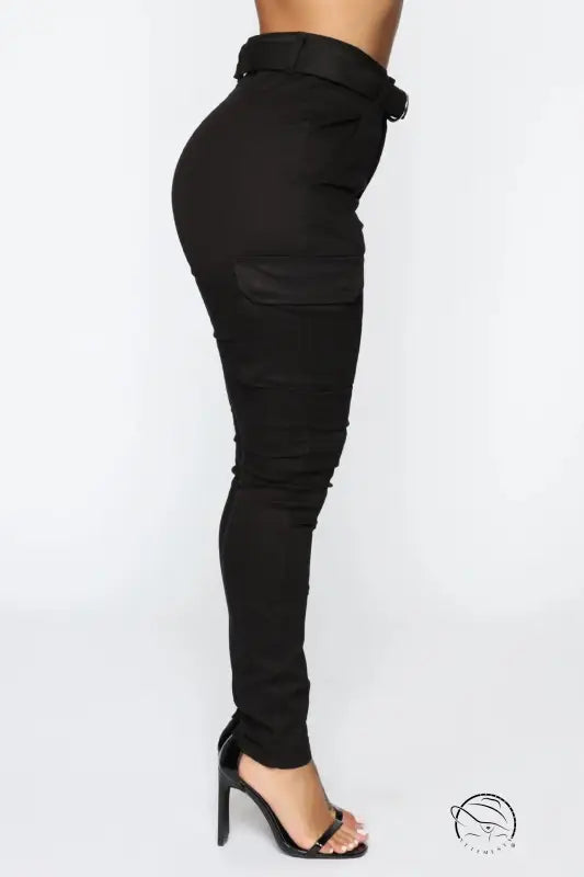 Black belted cargo pants in casual skinny stretch with stiletto heels