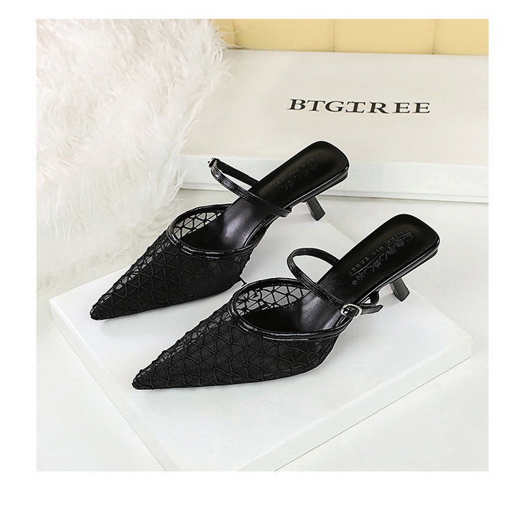 Langry fashion black woven leather pointed toe mule heels with ankle strap