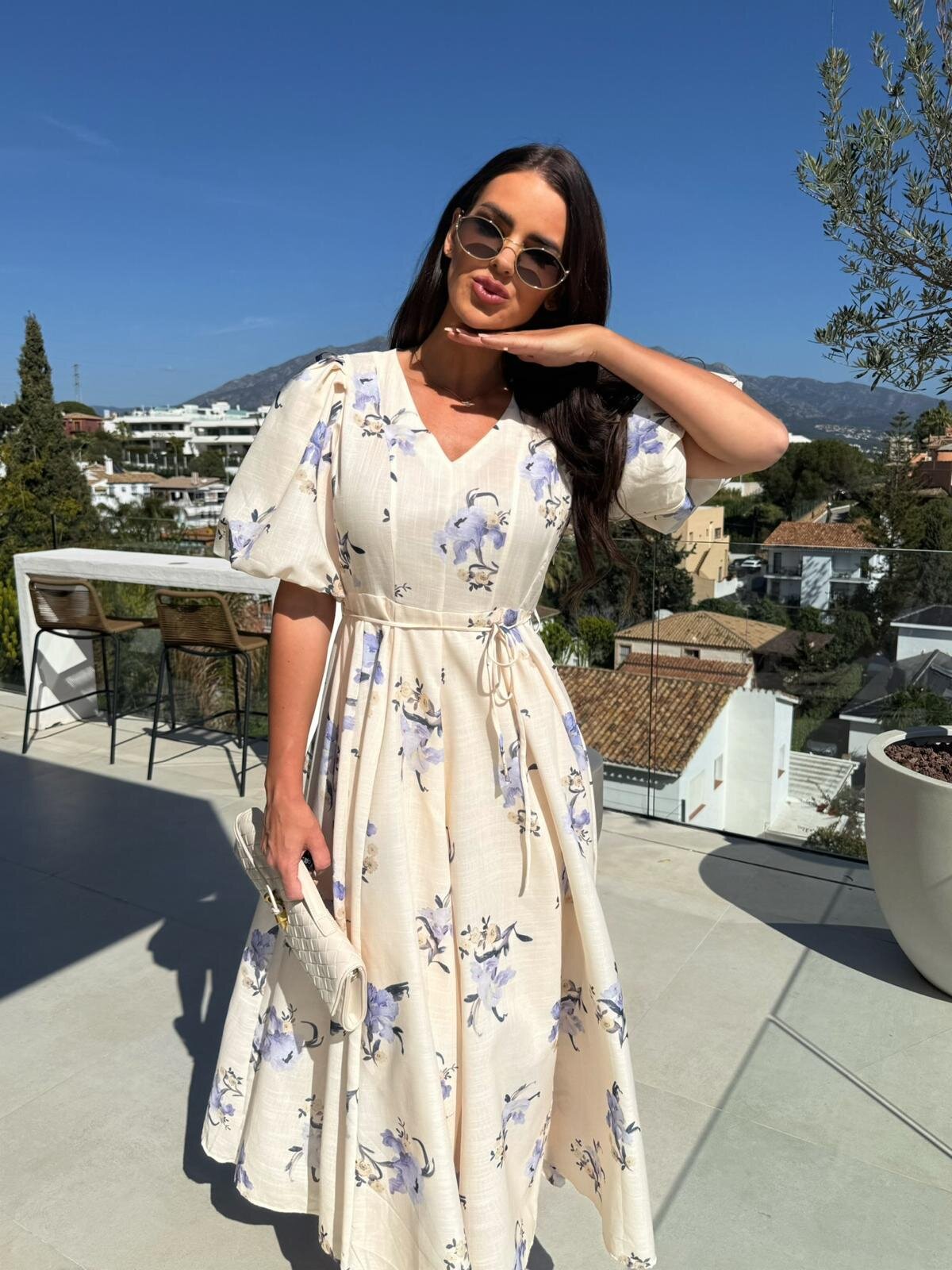 Floral print midi dress featuring puff sleeves, perfect for stylish langry fashion