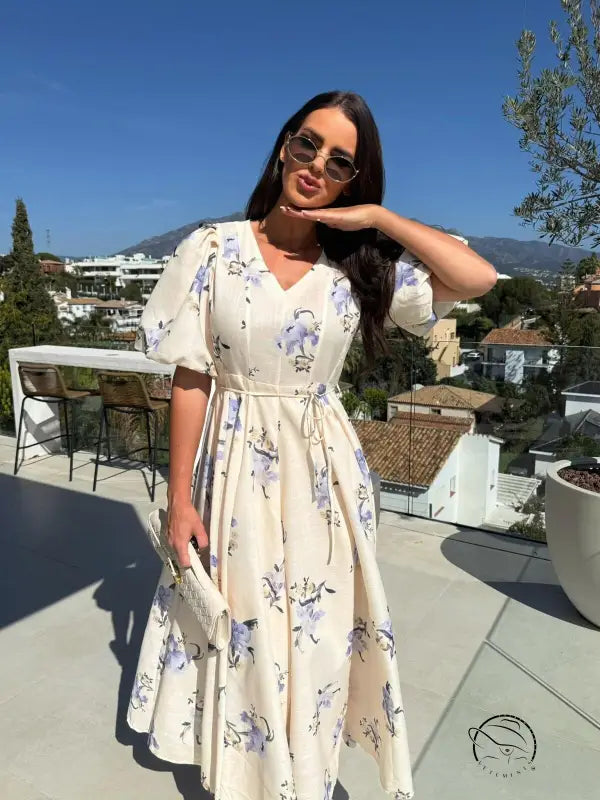 Enchanting puff sleeve large swing floral print midi dress