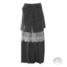 Dark grey pinstripe casual pants suit with white lace-trimmed insert