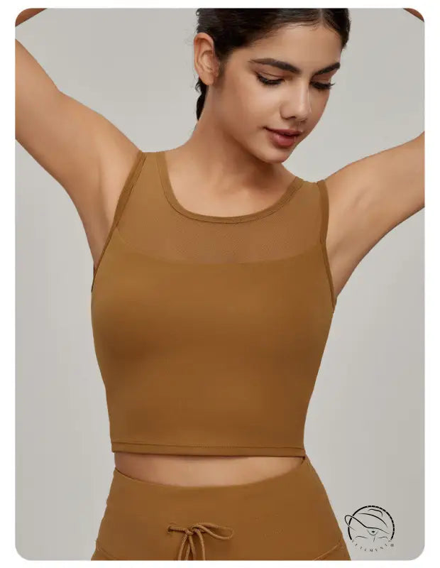 Beauty Back Mesh Workout Top in fitted dark tan scoop-neck design with chest paneling