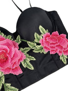 Langry black embroidered floral corset with pink roses and green leaves