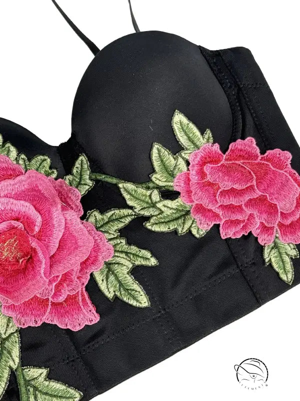 Langry embroidered floral short boning corset with black bra, pink roses, green leaves