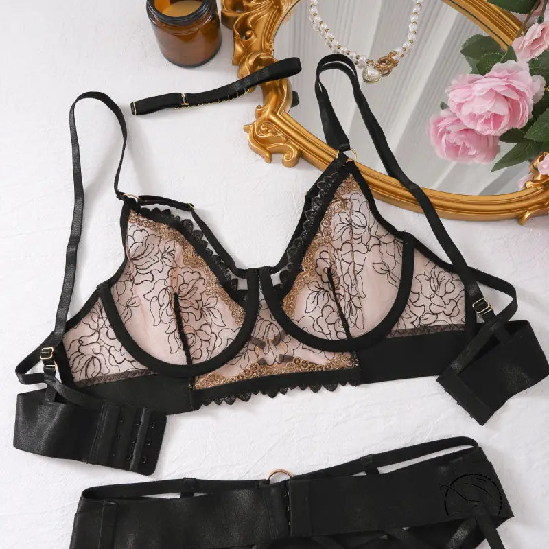Langry fashion see-through lace bra with black straps and floral embroidery