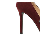 Burgundy suede Rhinestone Cocktail Stiletto Heel with gold accent in langry fashion