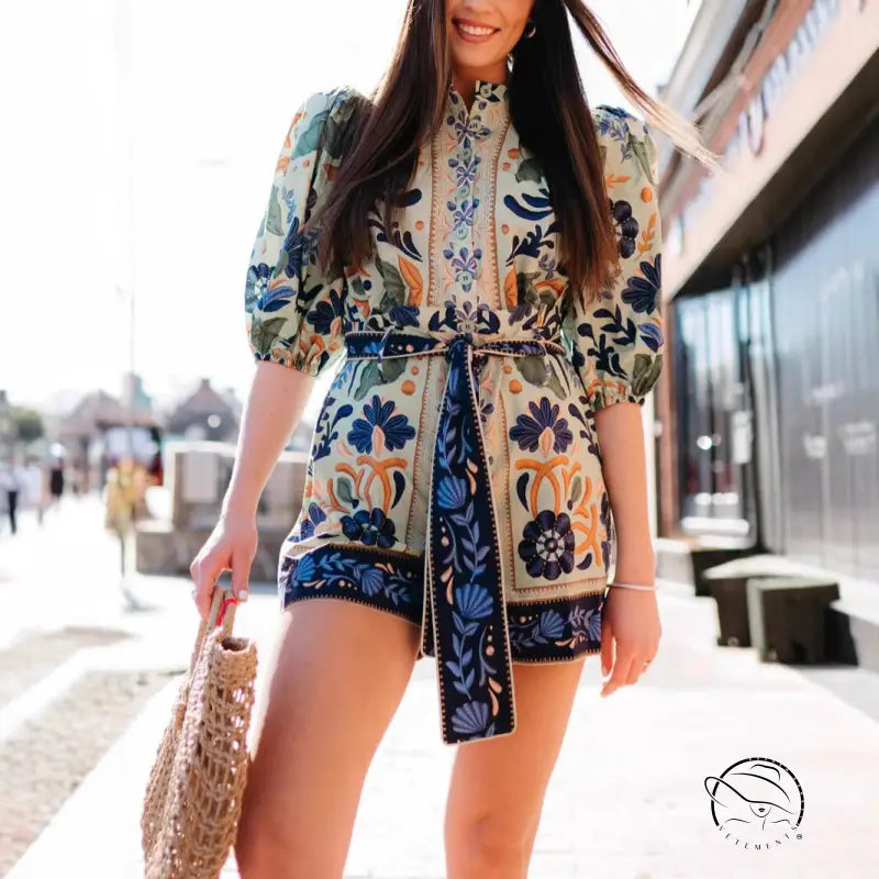 Stunning bohemian jumpsuit with floral pattern and tie waist