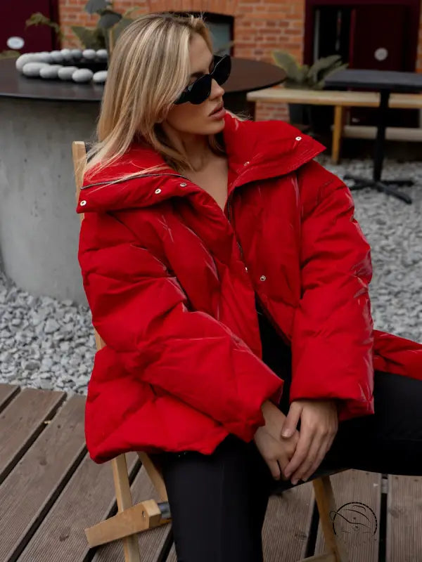 Red langry fashion puffer jacket with hood and oversized sleeves