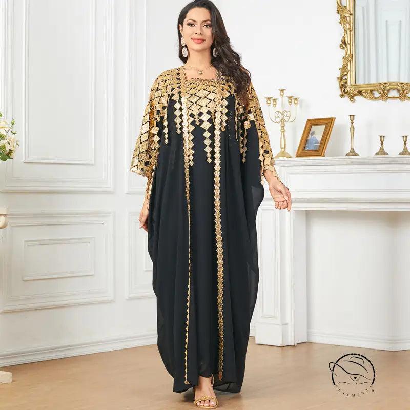 Black and gold langry fashion kaftan dress with geometric patterns