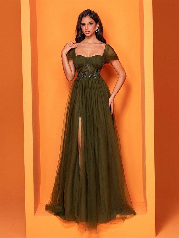 Elegant Cocktail Evening Dress in olive green, a stylish choice for formal fashion occasions