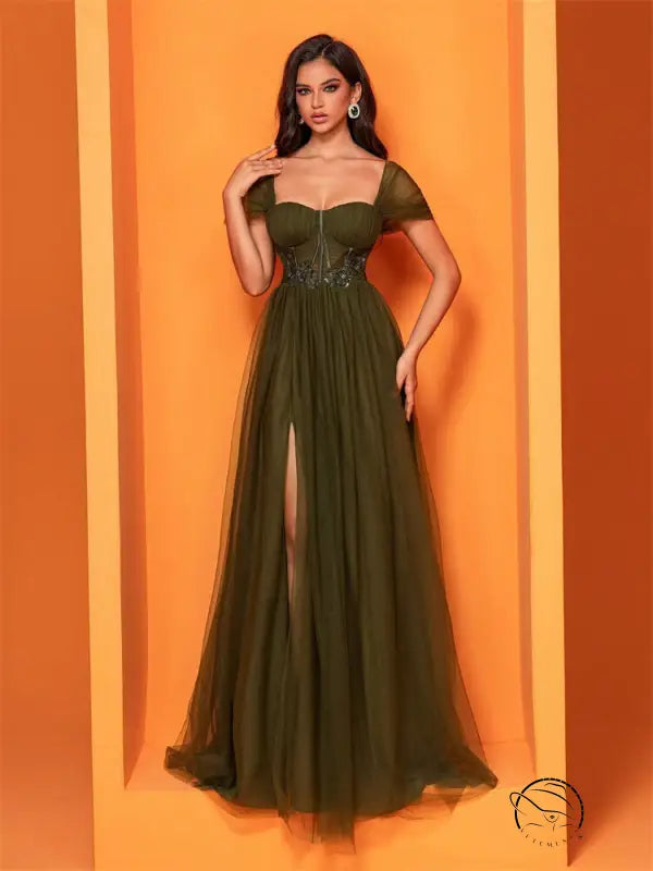 Elegant olive green cocktail evening dress in langry fashion ملابس
