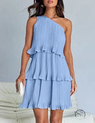 Light blue stunning shoulder layered stitching pleated dress