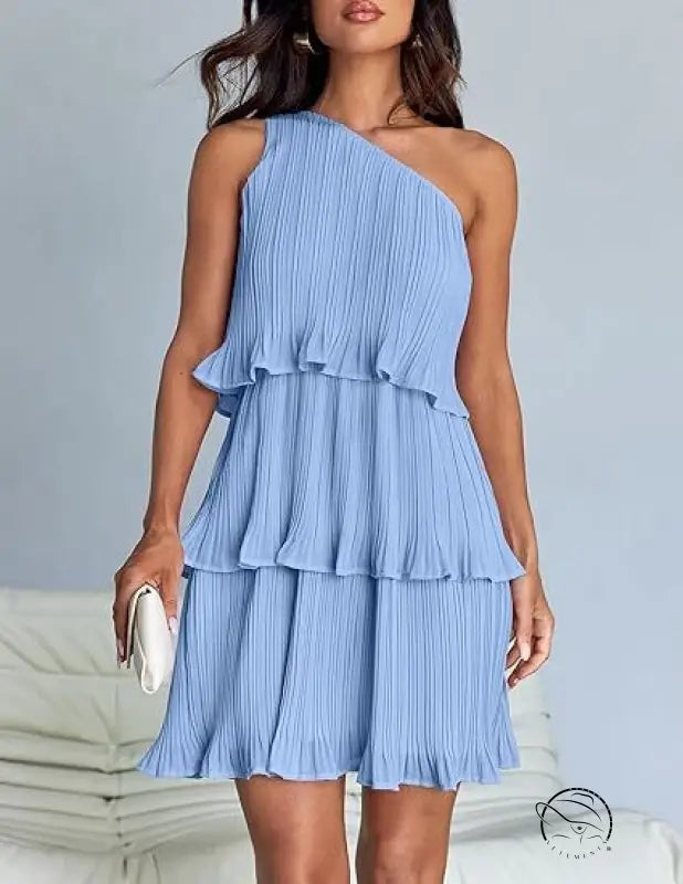 Light blue stunning shoulder layered stitching pleated dress