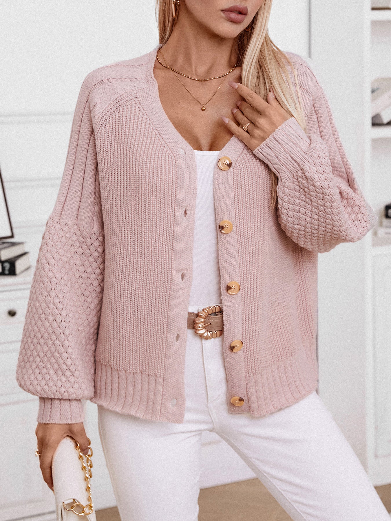 Pink knitted cardigan casual loose lantern sleeve sweater for stylish comfort