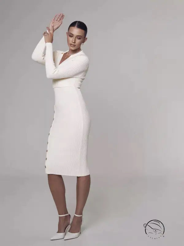 Elegant polo collar knitted dress in cream for autumn winter