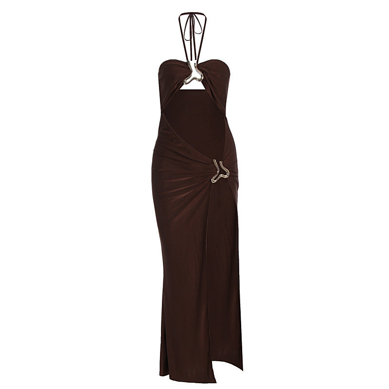 Elegant Langry lace-up cutout split dress in sleek dark brown satin