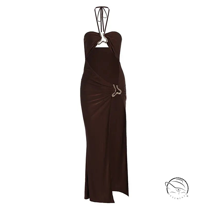 Elegant langry cutout split dress in dark brown satin with draped front