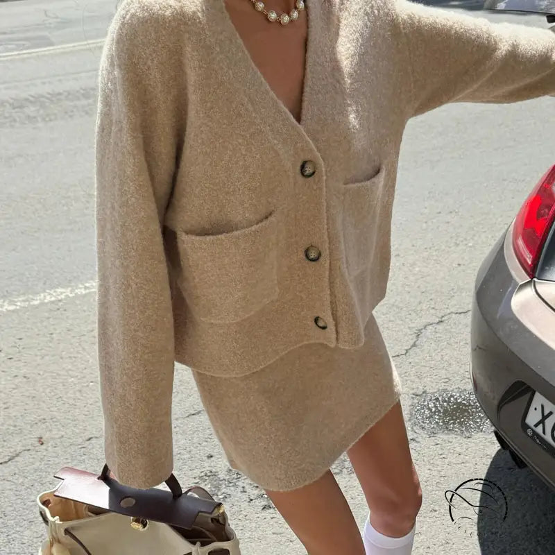 Beige langry tweed two-piece fashion outfit with pearl necklace and white socks