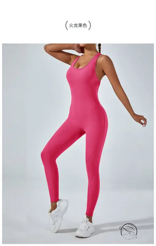 Vibrant pink langry fashion yoga one-piece jumpsuit with scoop neckline