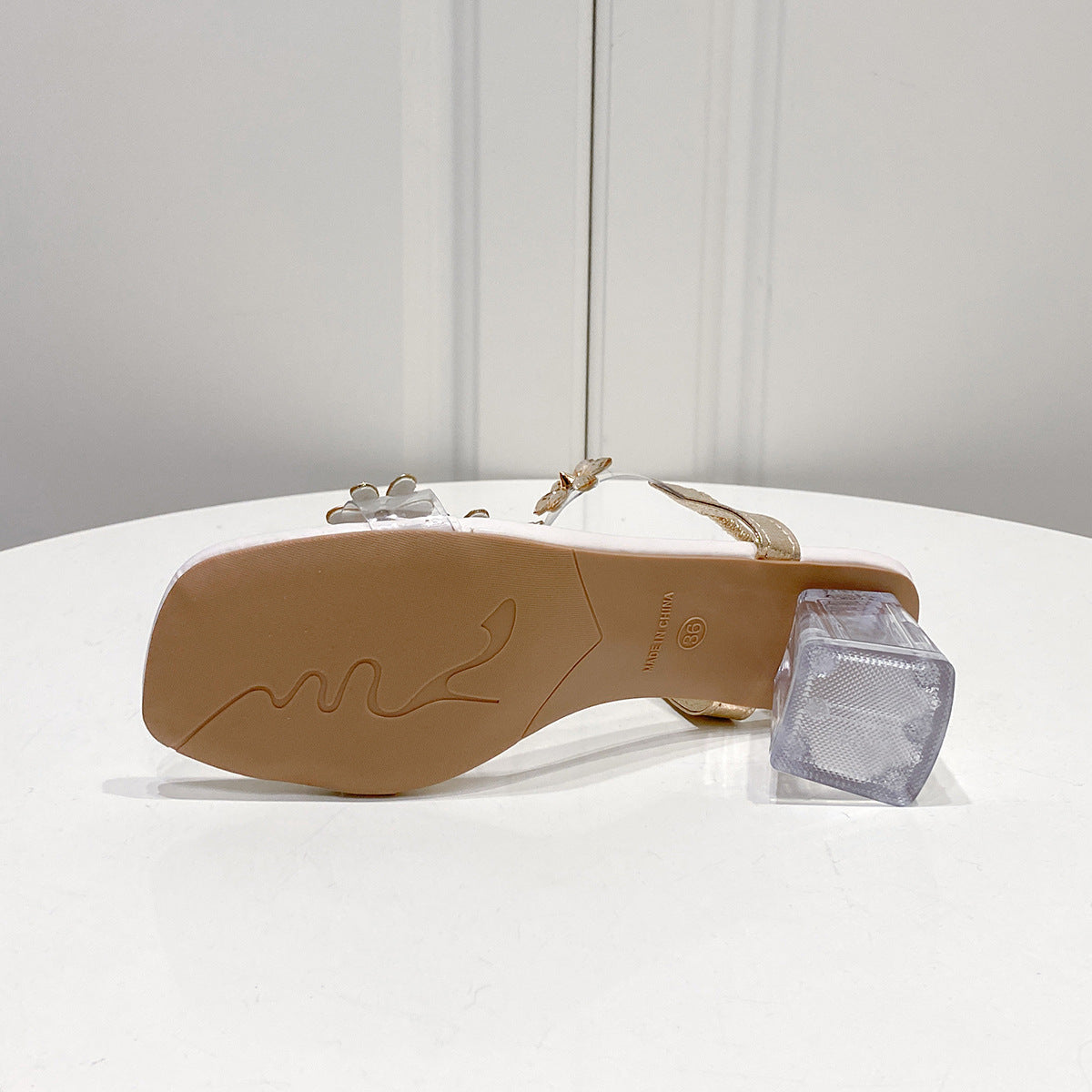 Square Toe Crystal Heel Floral Sandals