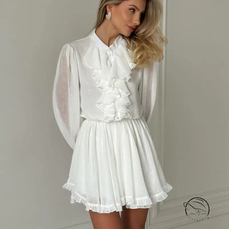 Elegant white ruffled mini dress in Langry fashion ملابس