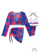 Four piece lace up swimsuit with blue and red tropical leaf print
