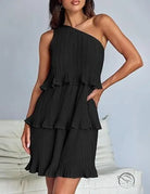 Black one-shoulder stunning shoulder layered stitching tiered dress