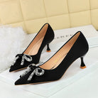 Langry fashion black satin stiletto heels with rhinestone bow