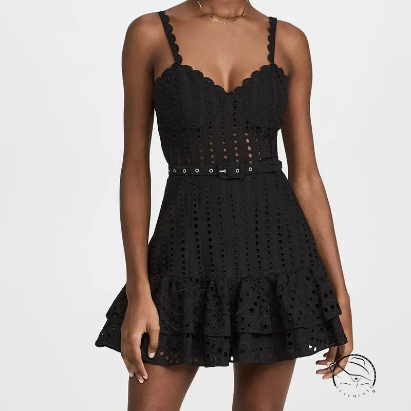Black eyelet mini dress with spaghetti straps and summer machine embroidery ruffle skirt