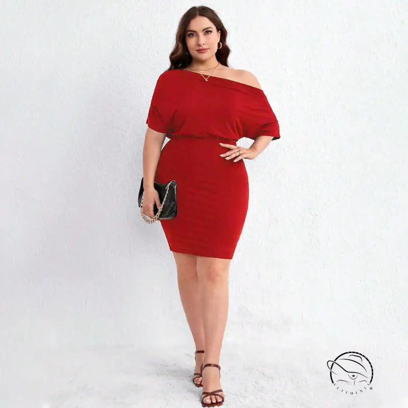 Red off-the-shoulder cross shoulder bag hip midi dress