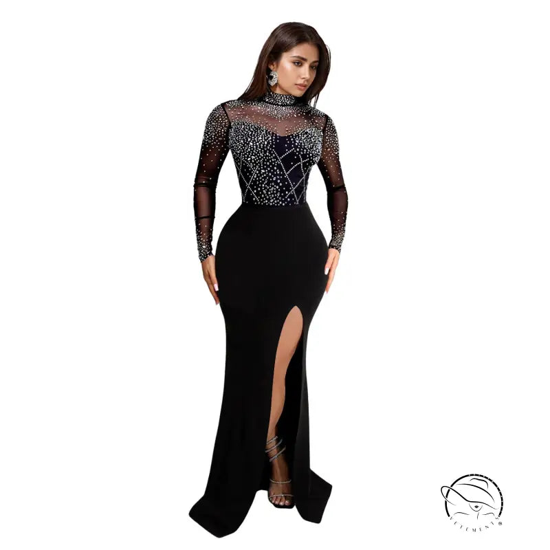 Elegant black amazing split maxi dress with embellished bodice and high slit