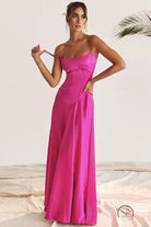 Elegant fuchsia satin maxi langry dress, backless evening fashion ملابس