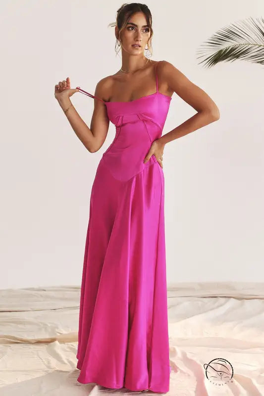Elegant fuchsia satin maxi langry dress, backless evening fashion ملابس