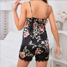 Elegant Langry black satin pajama set with pink floral lace trim
