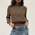 Vintage brown zipper turtleneck slimming jacket in langry fashion ملابس