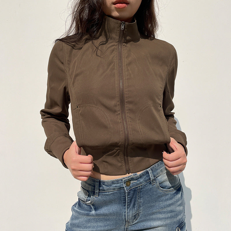 Vintage brown zipper turtleneck slimming jacket in langry fashion ملابس