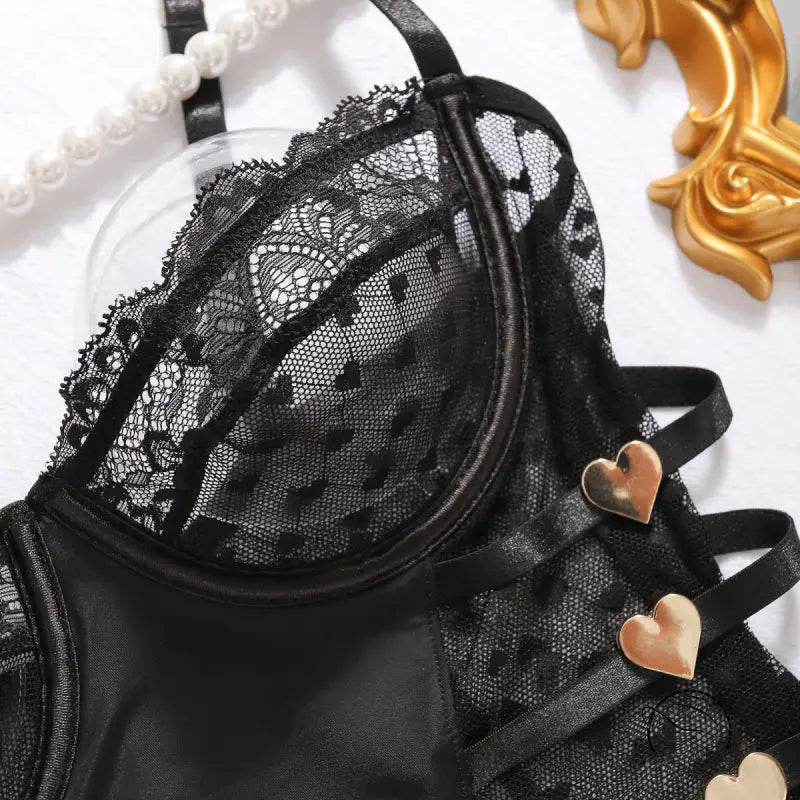 Black lace bra with gold hearts, polka dot lace accents and adjustable straps