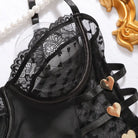 Black lace bra with gold hearts, polka dot lace accents and adjustable straps