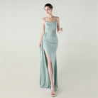 Elegant sage green satin langry fashion evening dress with high slit