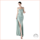 Elegant sage green satin langry evening dress with high slit