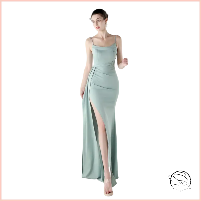 Elegant sage green satin langry evening dress with high slit