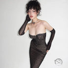 Stunning pure lace strapless black dress with langry gloves, fashion ملابس