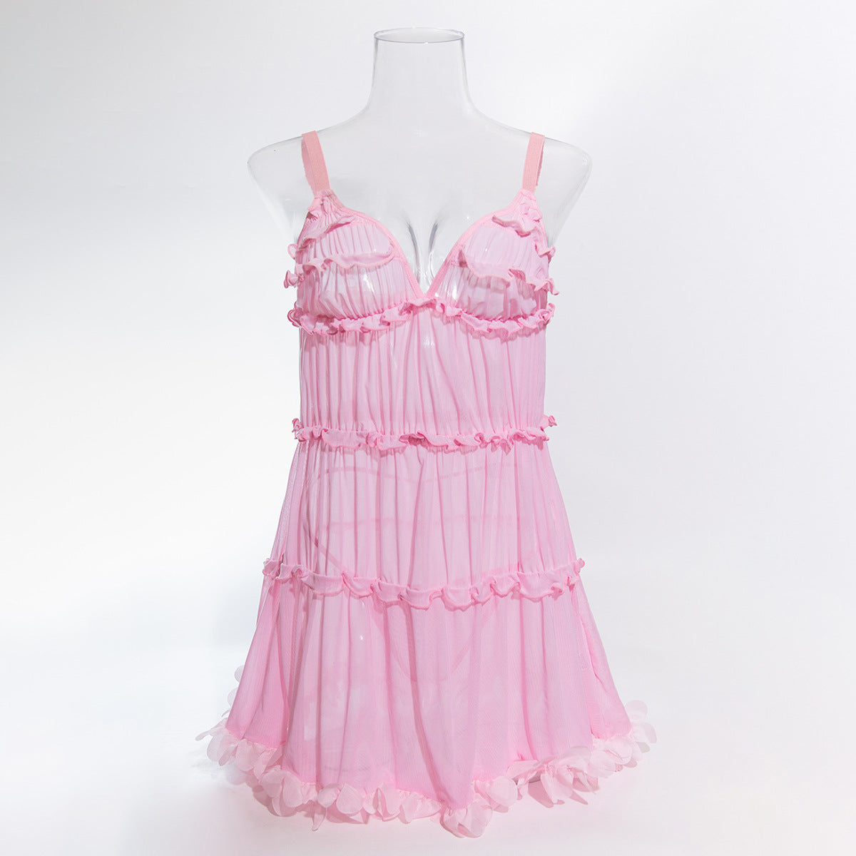 Pink Langry Fashion Chiffon Nightgown with Lace Trim