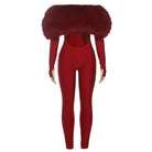 Red fur-trimmed off-shoulder long sleeve furry stitching cropped jumpsuit
