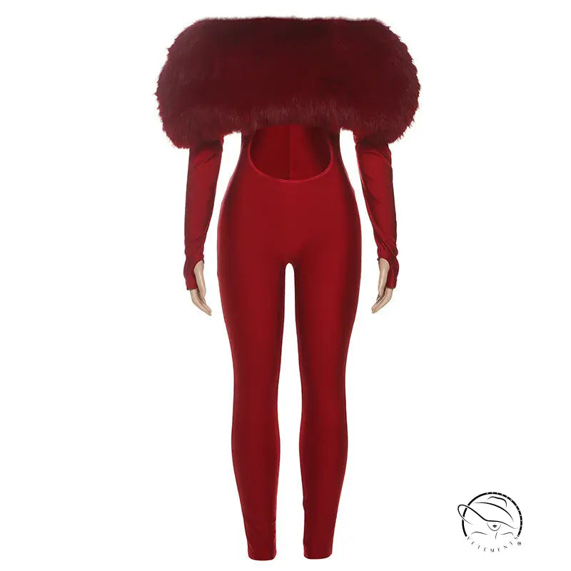 Red fur-trimmed off-shoulder long sleeve fashion jumpsuit