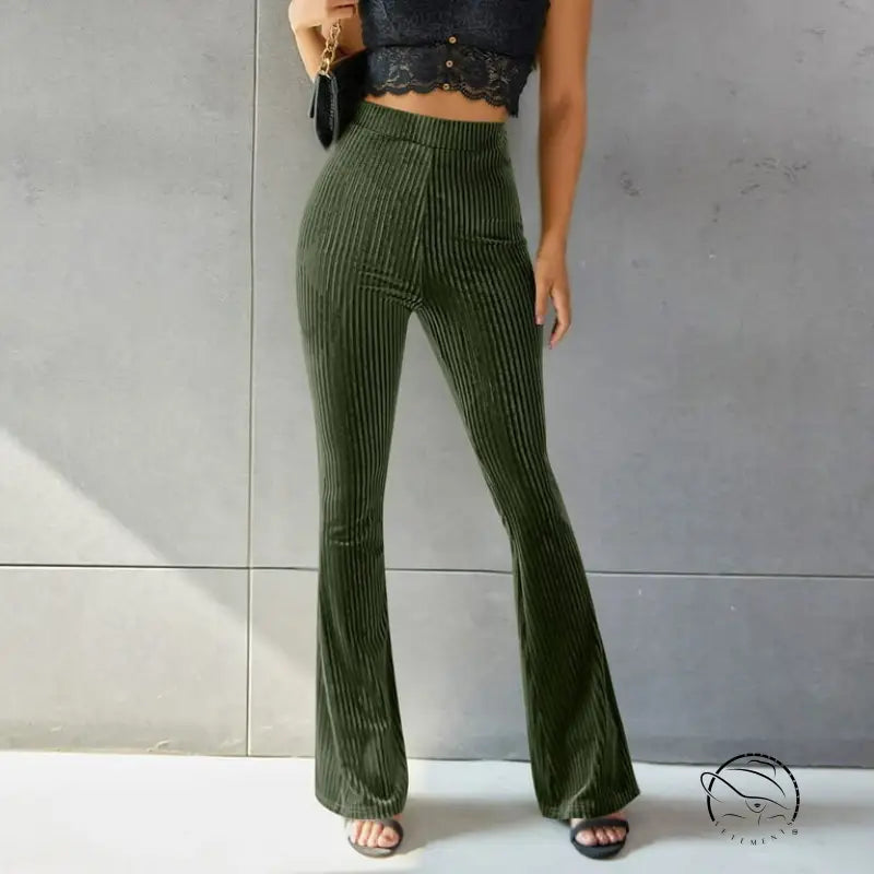 High waist pleuche sunken stripe green velvet flared pants